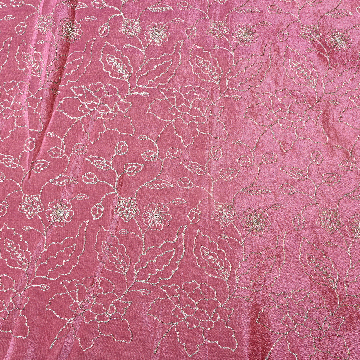 Strawberry Pink Silver Zari Floral Jaal Embroidery Tissue Fabric