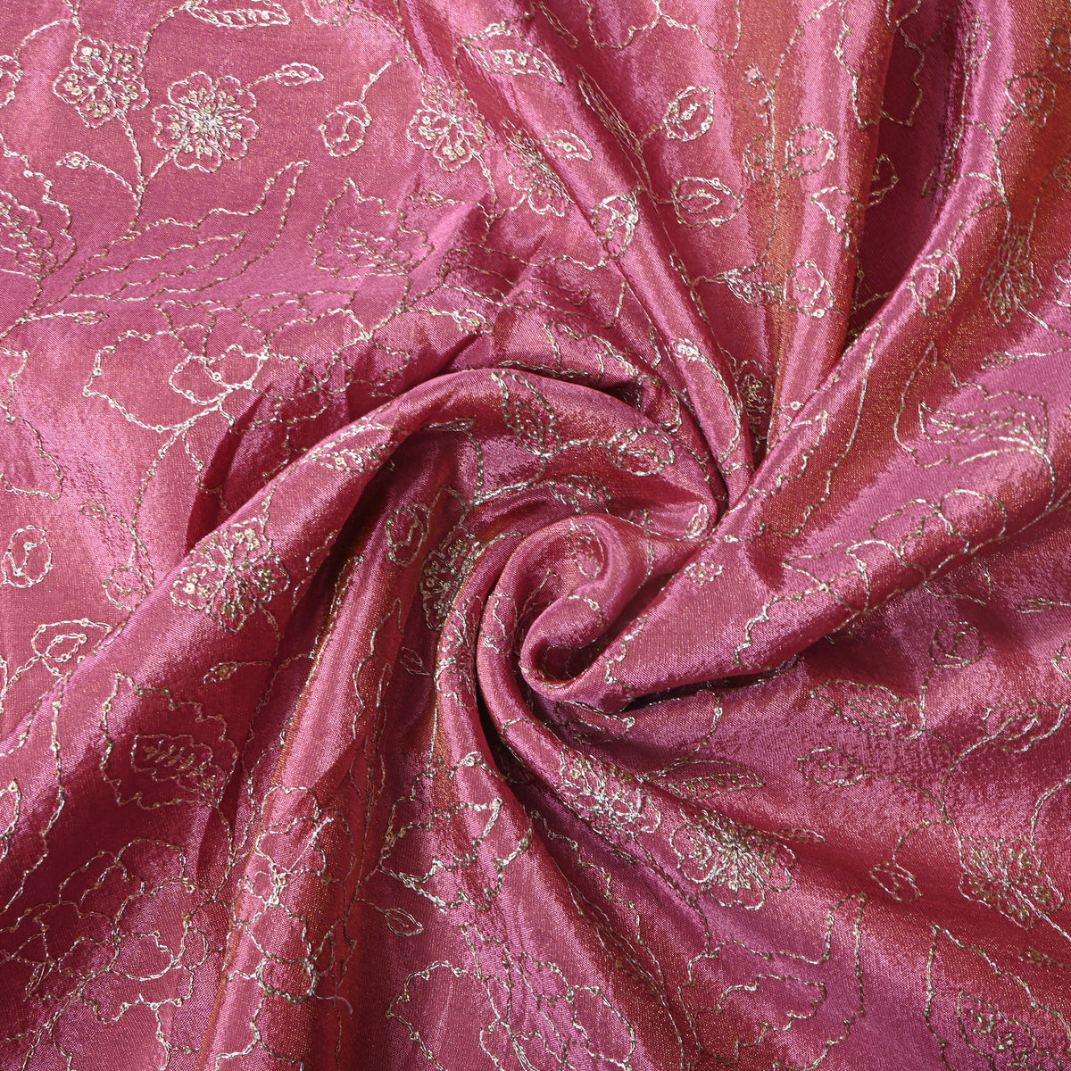 Strawberry Pink Silver Zari Floral Jaal Embroidery Tissue Fabric