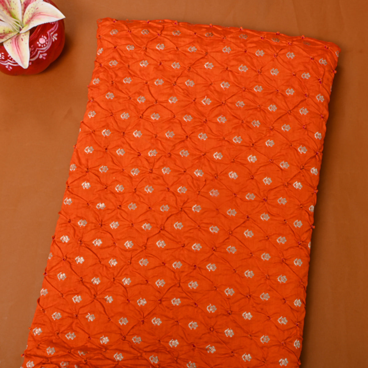 Orange Gold Zari Butti Bandhani Fabric