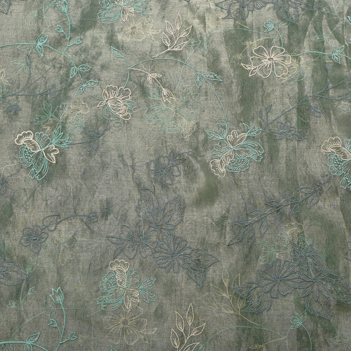 Grey Floral Jaal Embroidery Tissue Fabric