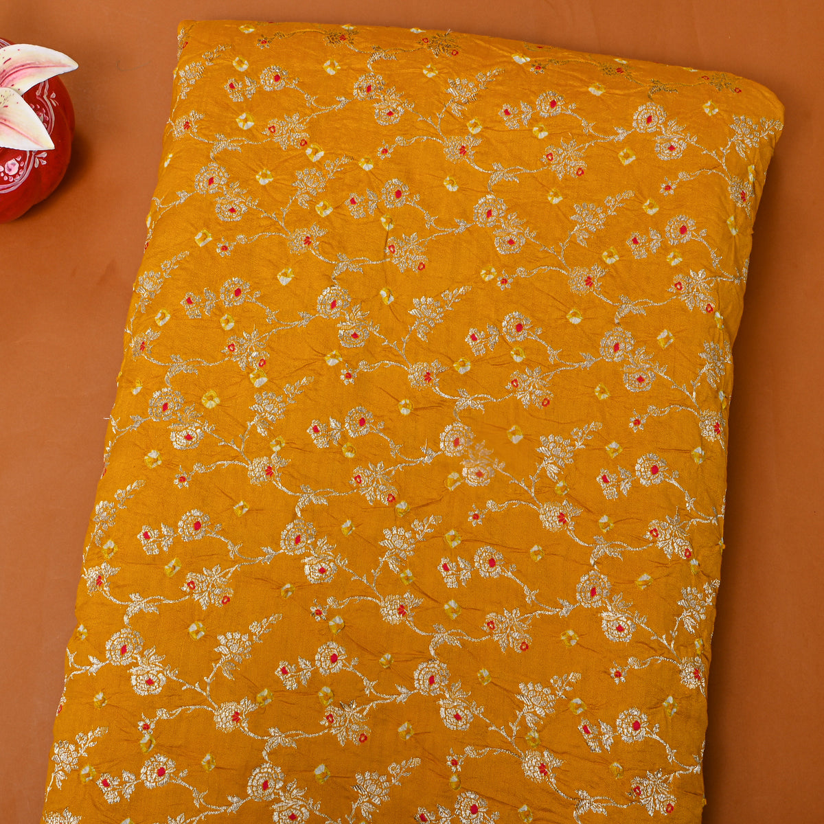 Mustard Yellow Golden Zari Floral Jaal Bandhani Fabric