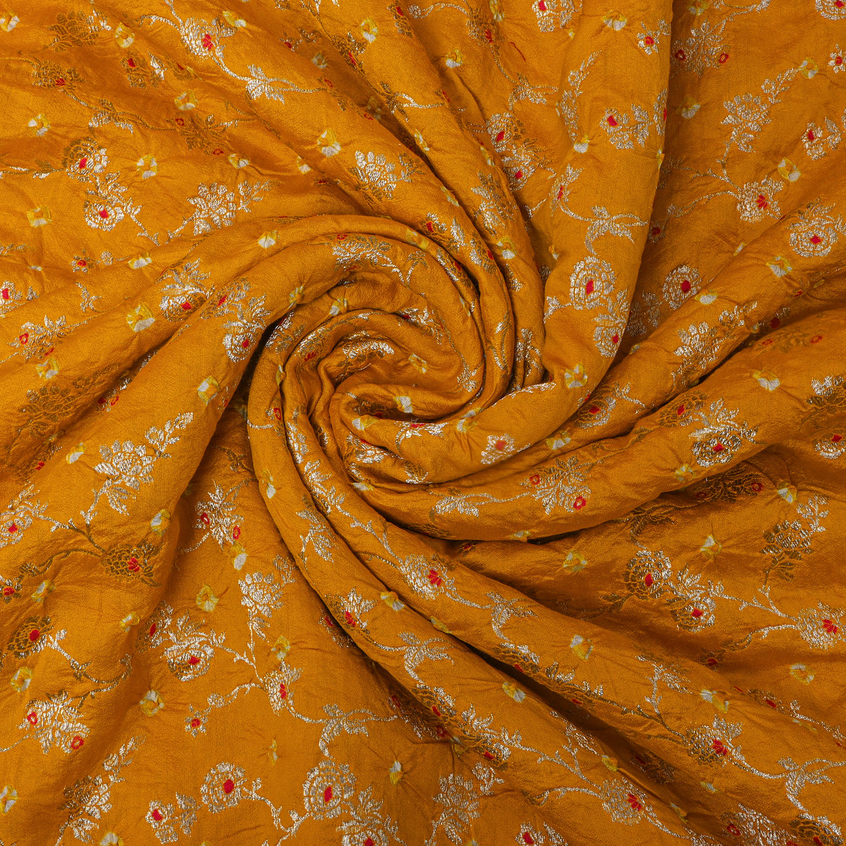 Mustard Yellow Golden Zari Floral Jaal Bandhani Fabric