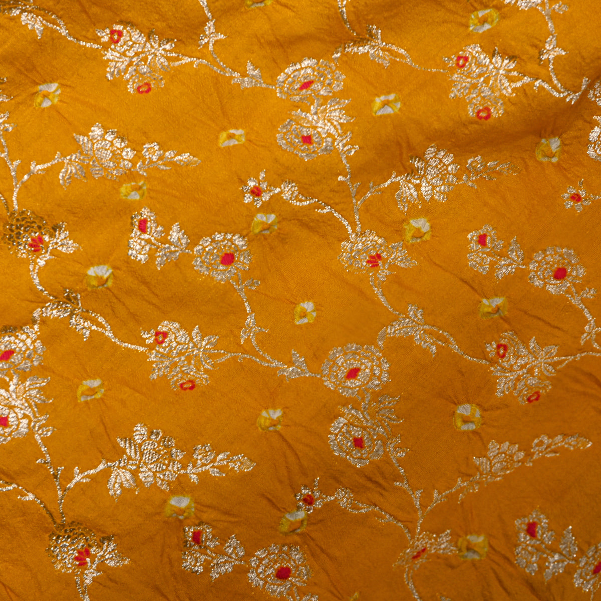 Mustard Yellow Golden Zari Floral Jaal Bandhani Fabric