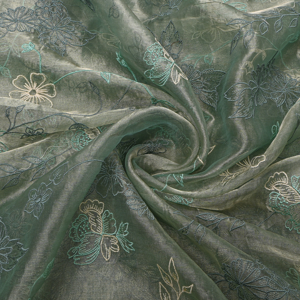 Grey Floral Jaal Embroidery Tissue Fabric