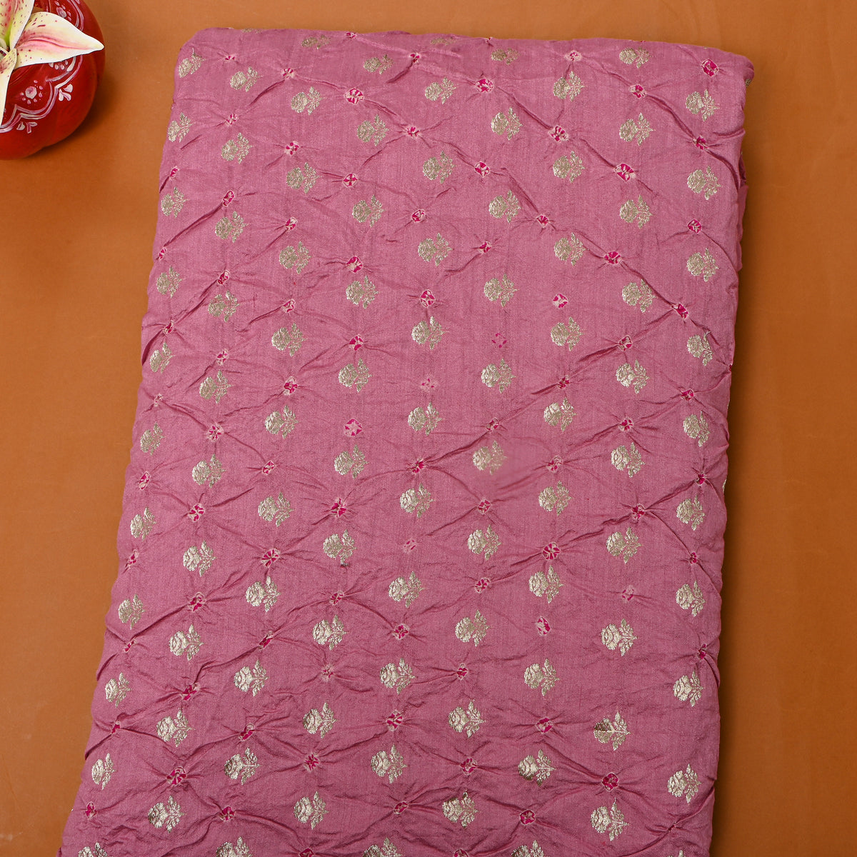 Dusty Pink Silver Zari Butti Bandhani Fabric