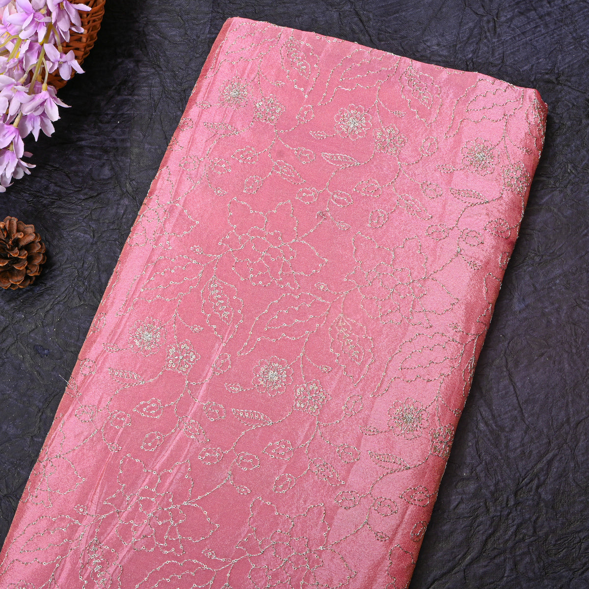 Flamingo Pink Silver Zari Floral Jaal Embroidery Tissue Fabric