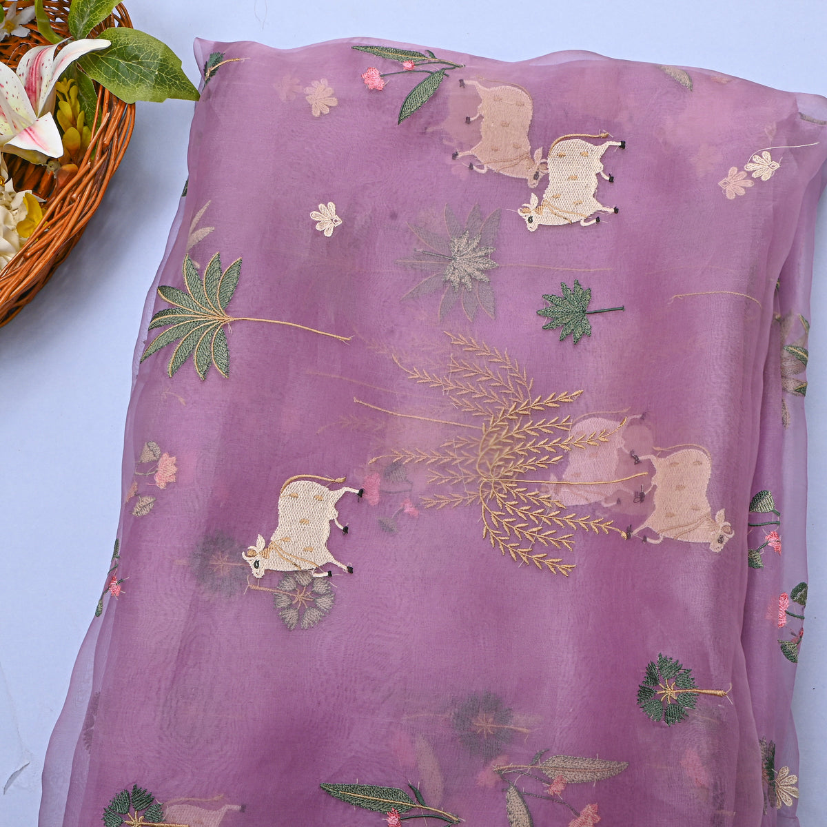 Purpe Organza Pichwai Embroidery Fabric