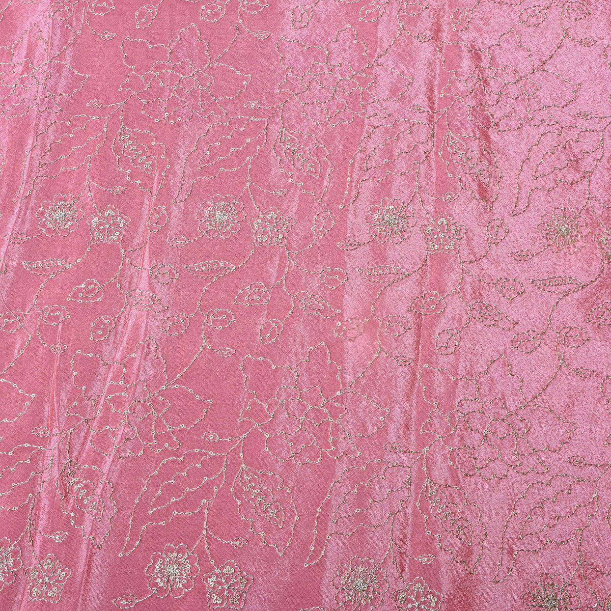 Flamingo Pink Silver Zari Floral Jaal Embroidery Tissue Fabric
