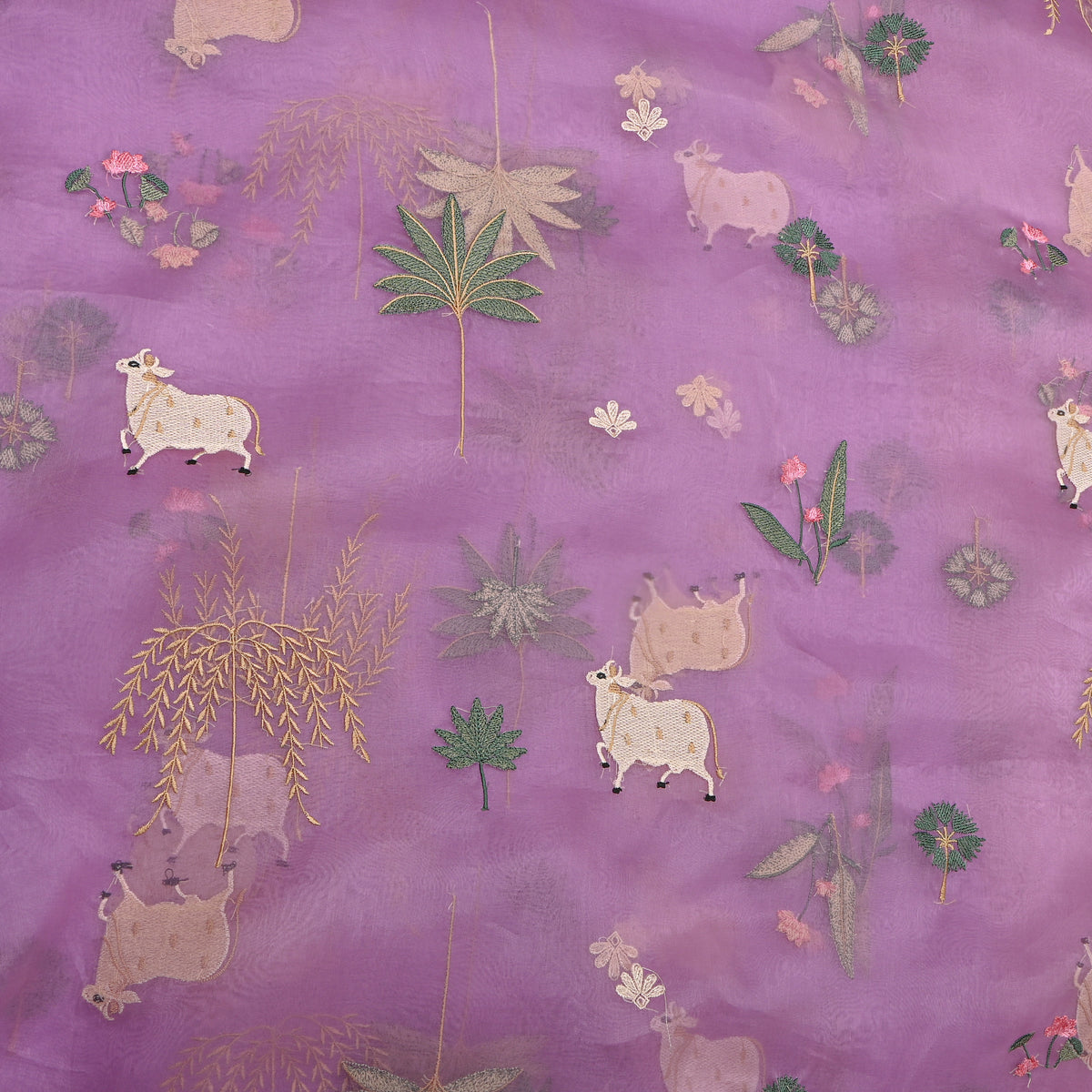 Purpe Organza Pichwai Embroidery Fabric