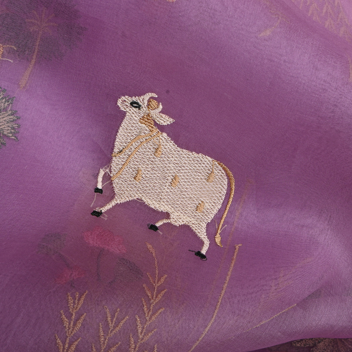 Purpe Organza Pichwai Embroidery Fabric