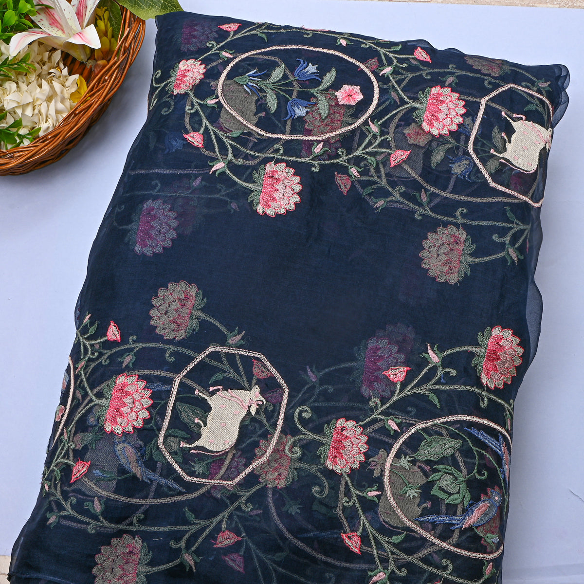 Navy Blue Silver Zari Pichwai Thread Work Organza Fabric