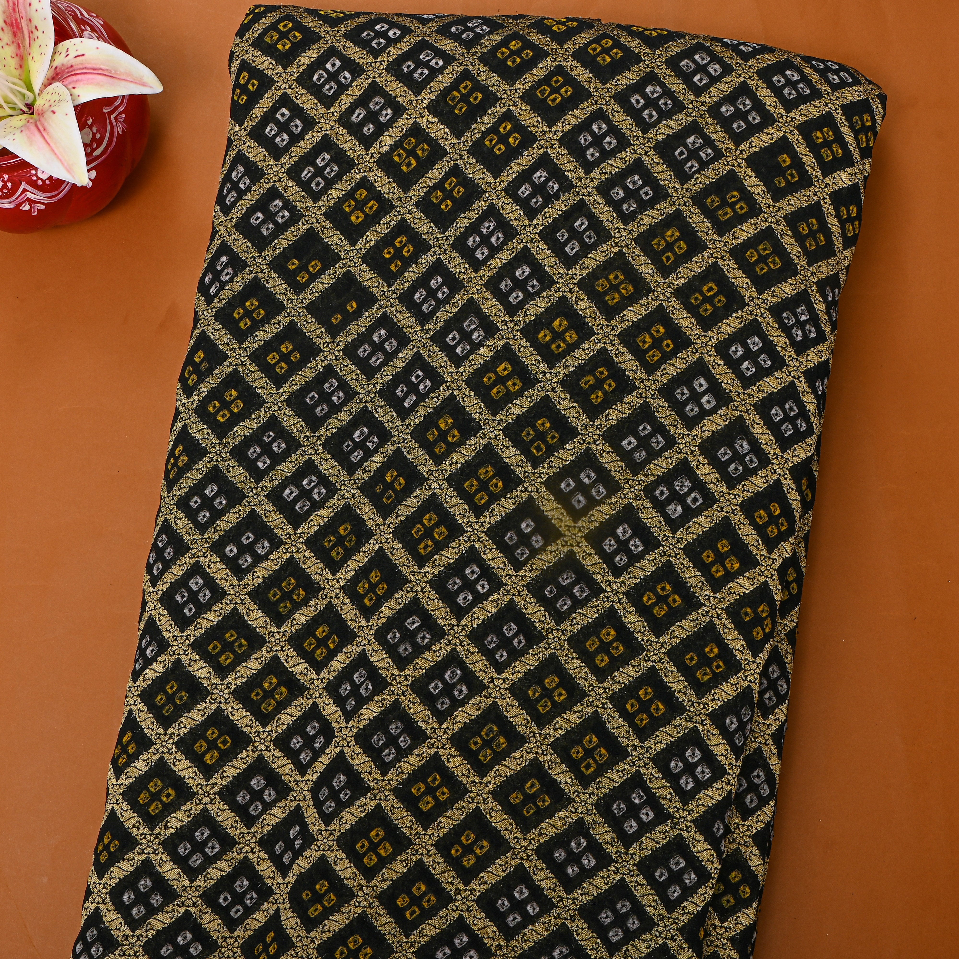 Black Gold Geometric Bandhani Silk Fabric