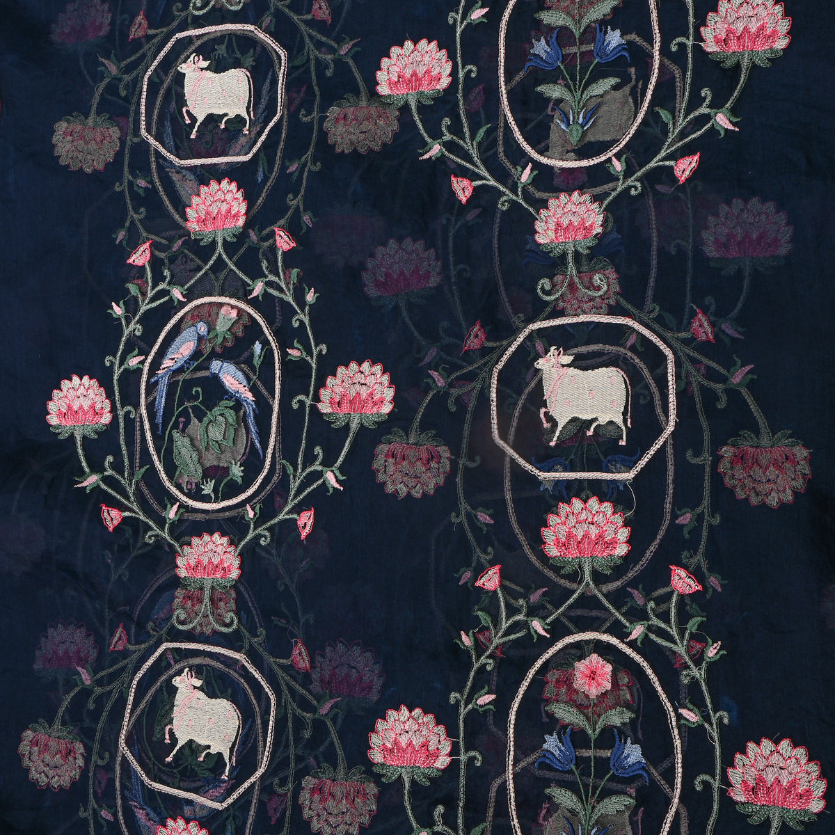 Navy Blue Silver Zari Pichwai Thread Work Organza Fabric
