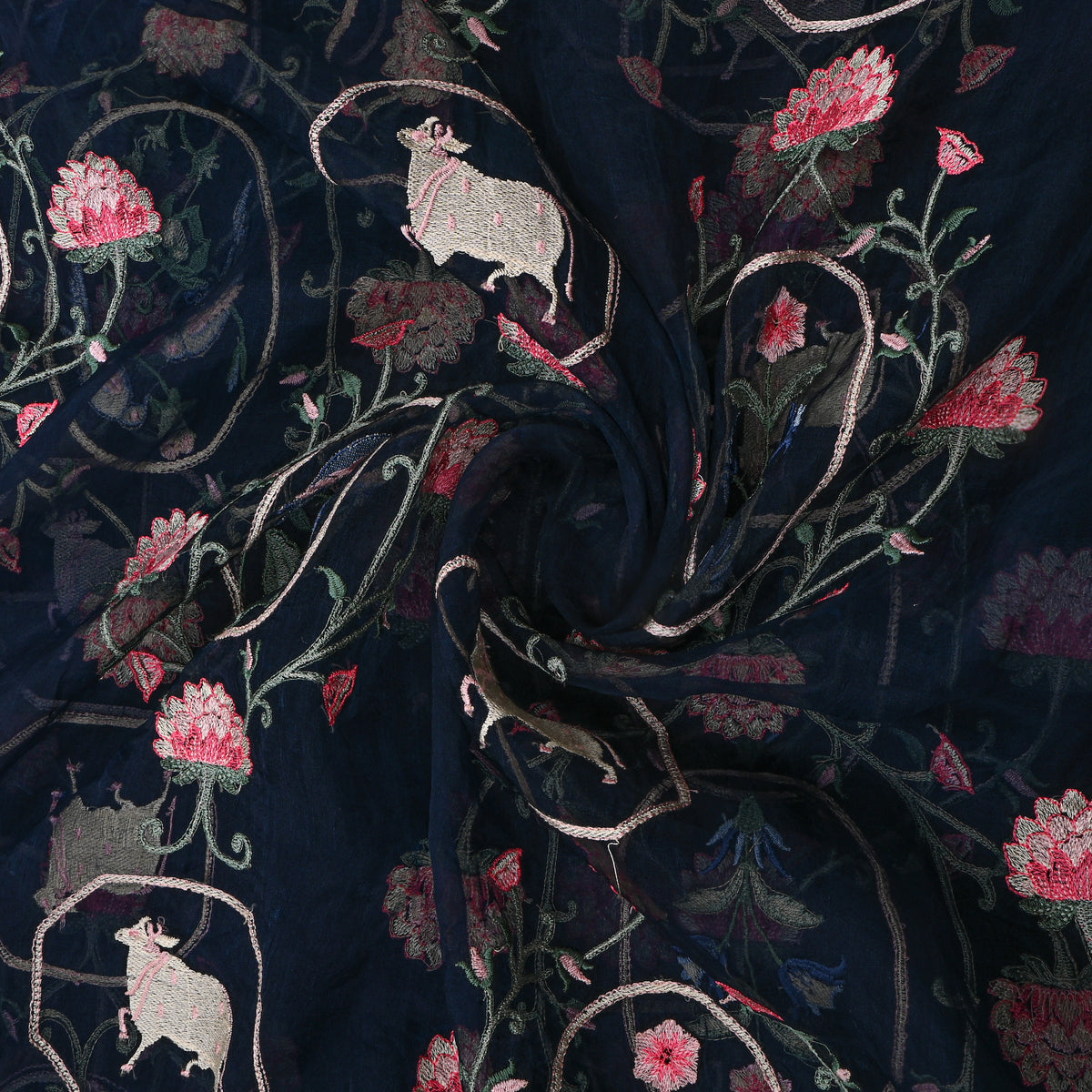 Navy Blue Silver Zari Pichwai Thread Work Organza Fabric