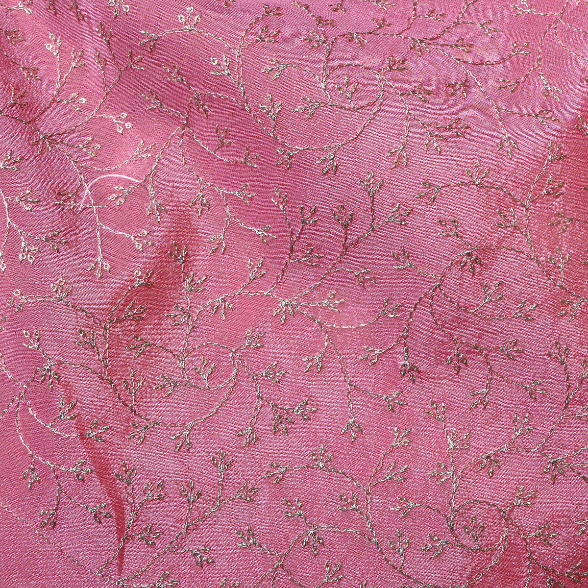 Carnation Pink Silver Zari Jaal Embroidery Tissue Fabric
