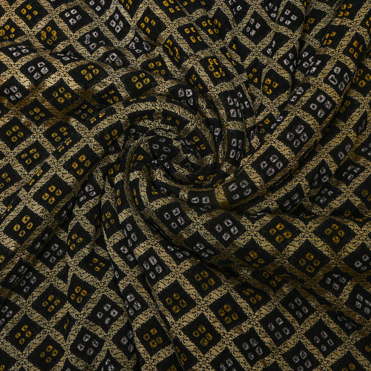 Black Gold Geometric Bandhani Silk Fabric
