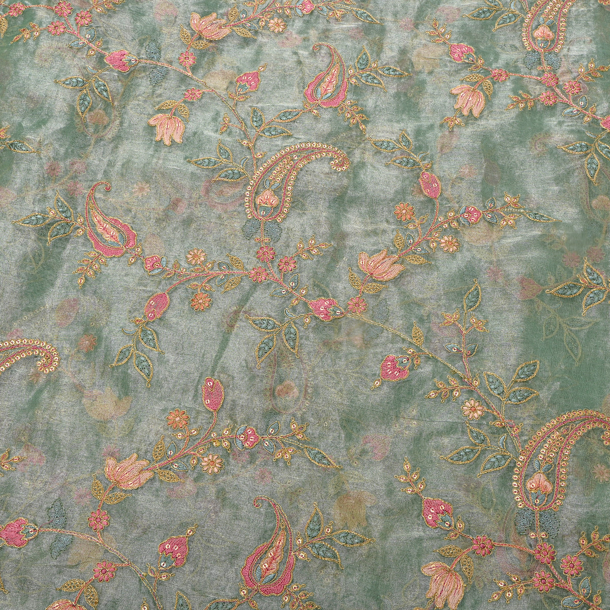 Green Gold Zari Sequin Paisley Jaal Embroidery Tissue Fabric