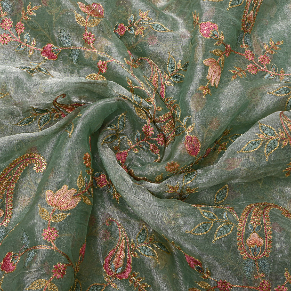 Green Gold Zari Sequin Paisley Jaal Embroidery Tissue Fabric