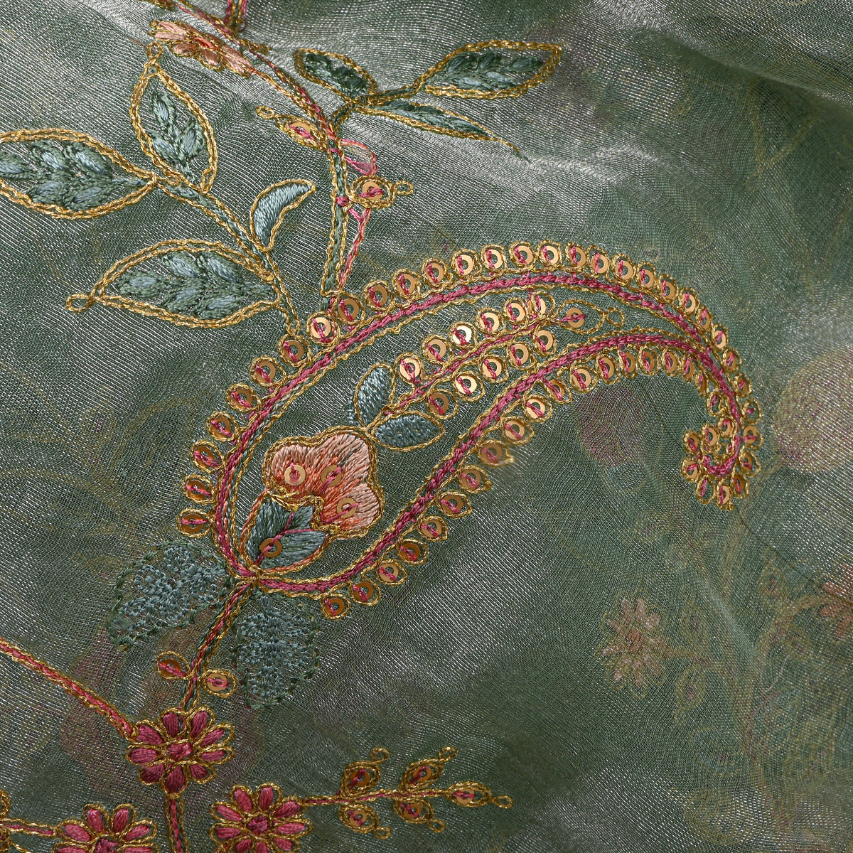 Green Gold Zari Sequin Paisley Jaal Embroidery Tissue Fabric