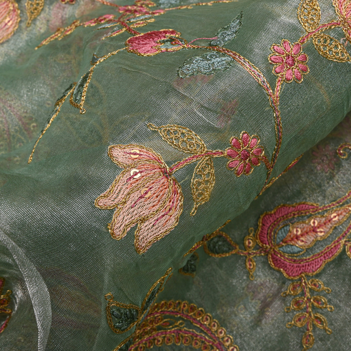Green Gold Zari Sequin Paisley Jaal Embroidery Tissue Fabric