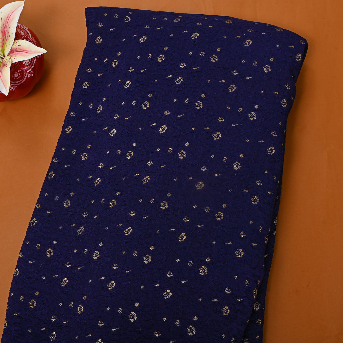 Dark Blue Gold Zari Butti Jamawar Silk Fabric