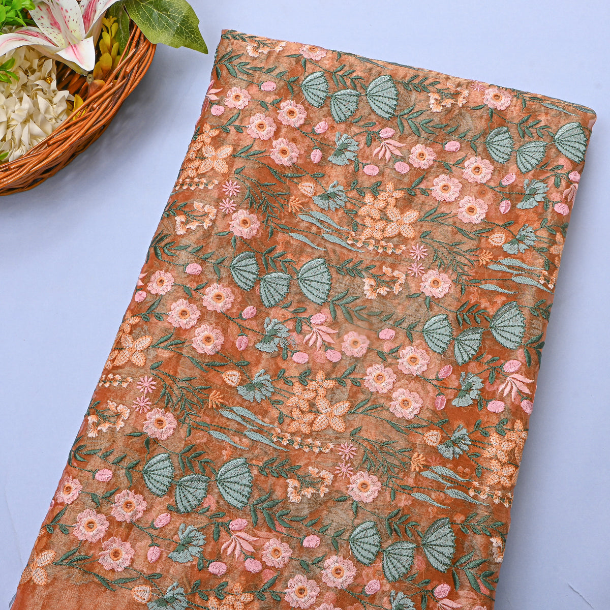 Sand Beige Floral Thread Work Embroidery Tissue Fabric