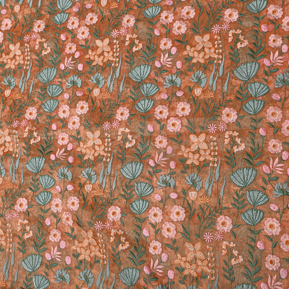 Sand Beige Floral Thread Work Embroidery Tissue Fabric