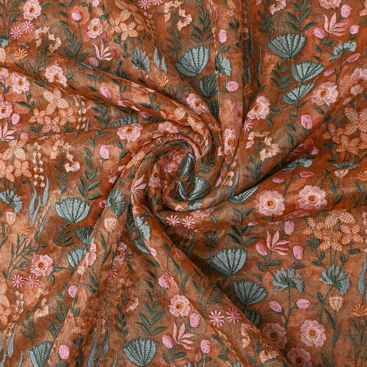 Sand Beige Floral Thread Work Embroidery Tissue Fabric