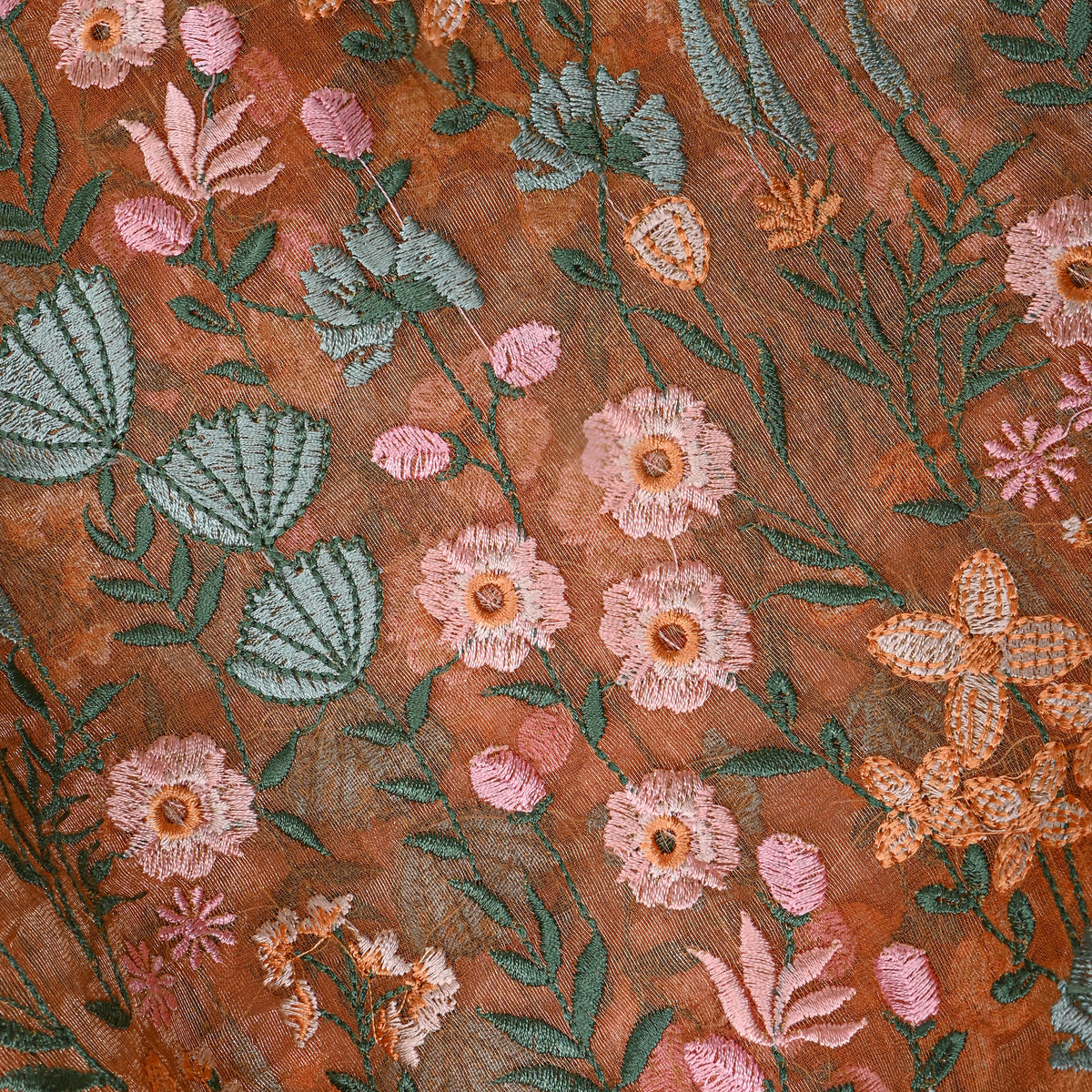 Sand Beige Floral Thread Work Embroidery Tissue Fabric