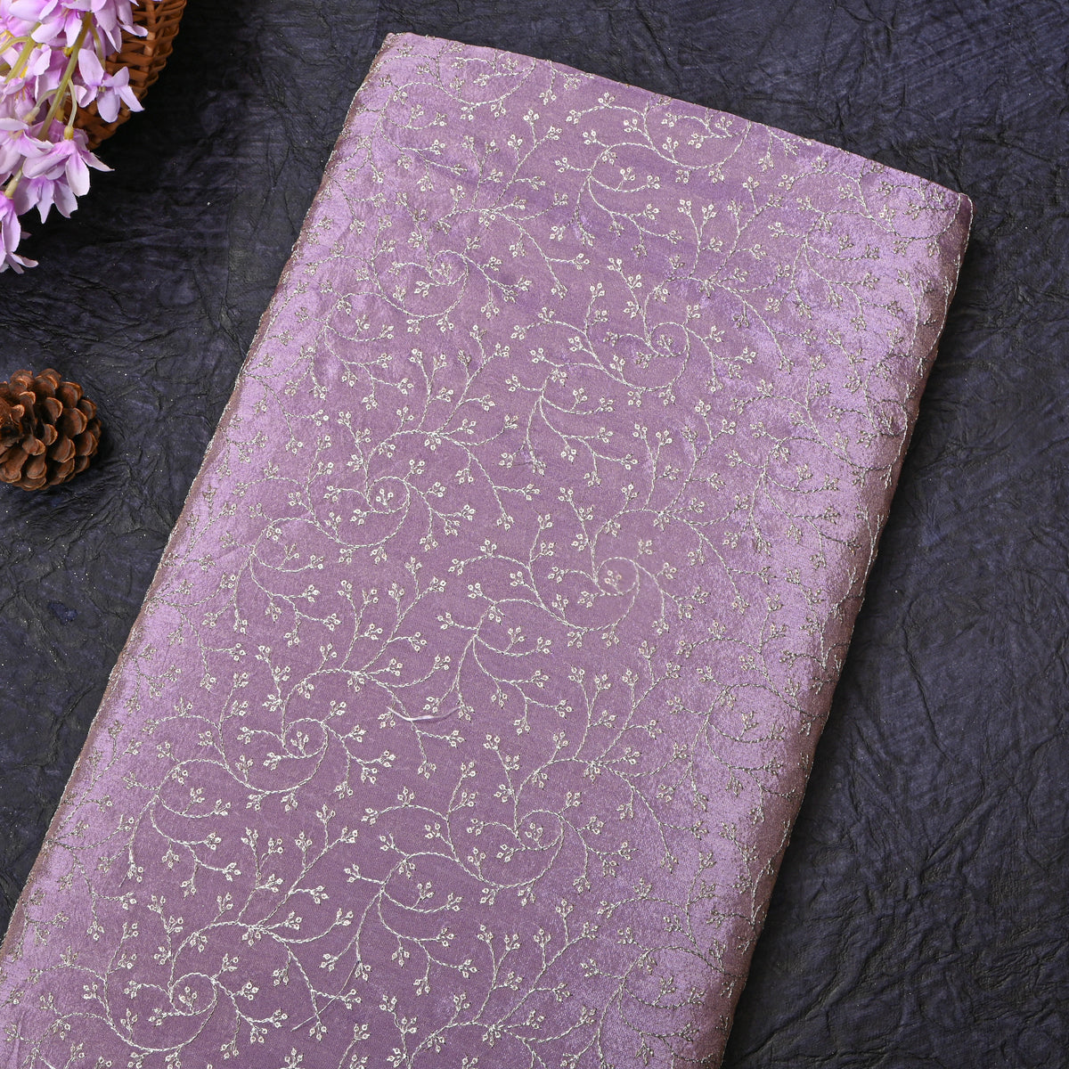 Lilac Silver Zari Jaal Embroidery Tissue Fabric