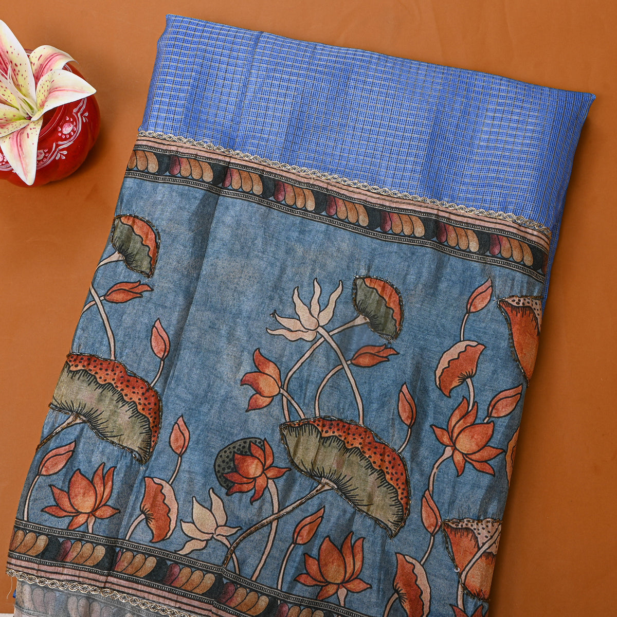 Dark Sky Blue Printed Dupion Silk Fabric