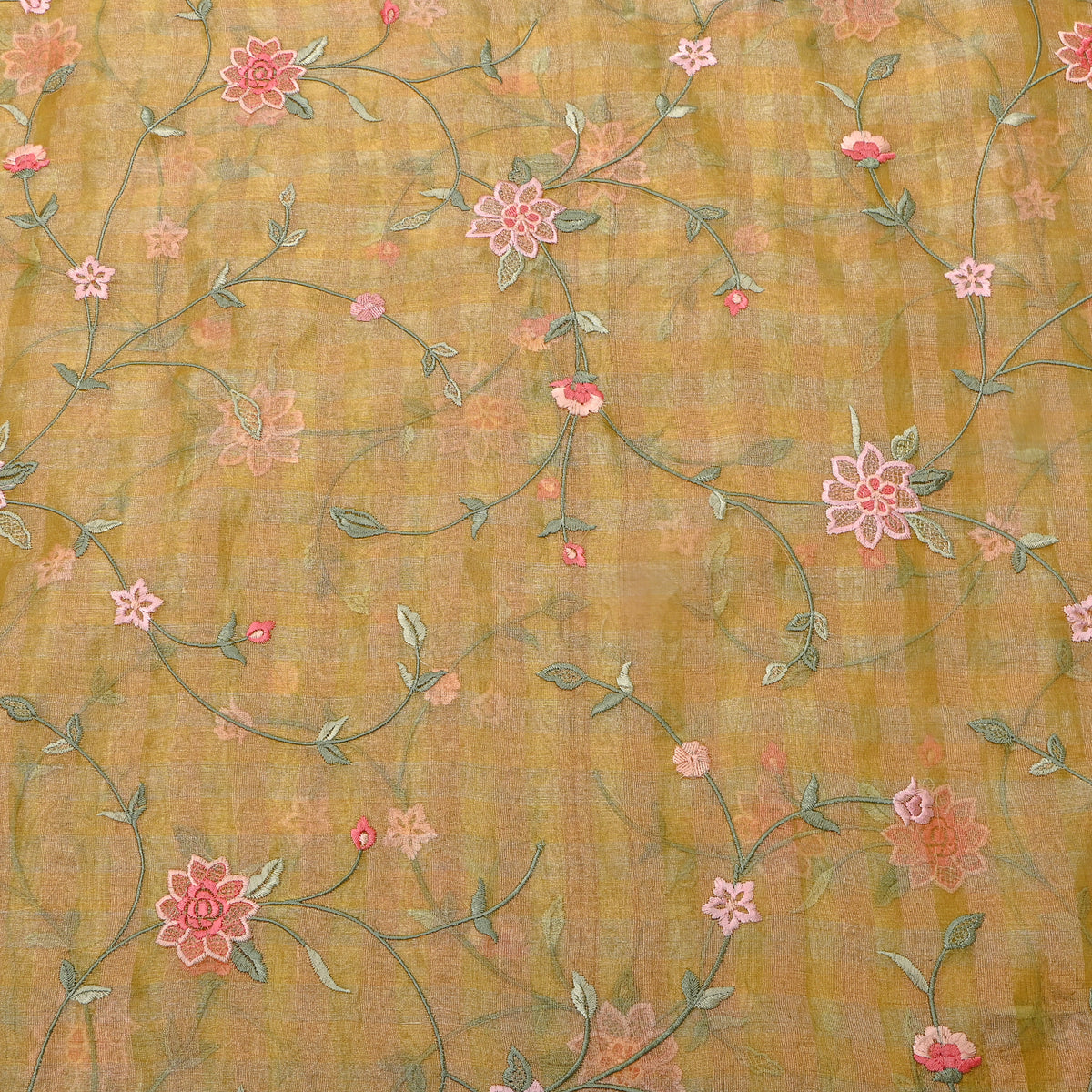 Mustard Jaal Thread Work Organza Tissue Fabric