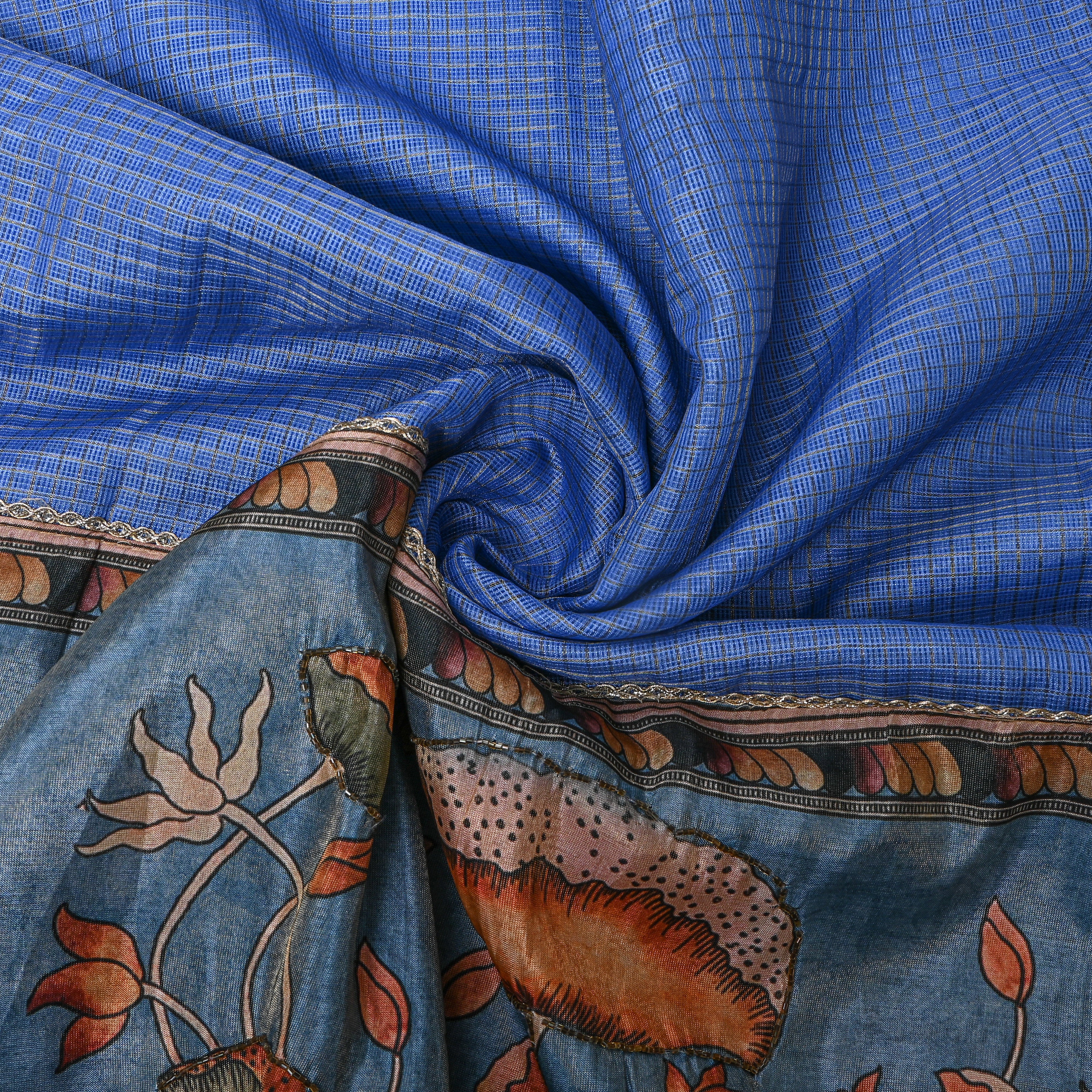 Dark Sky Blue Printed Dupion Silk Fabric