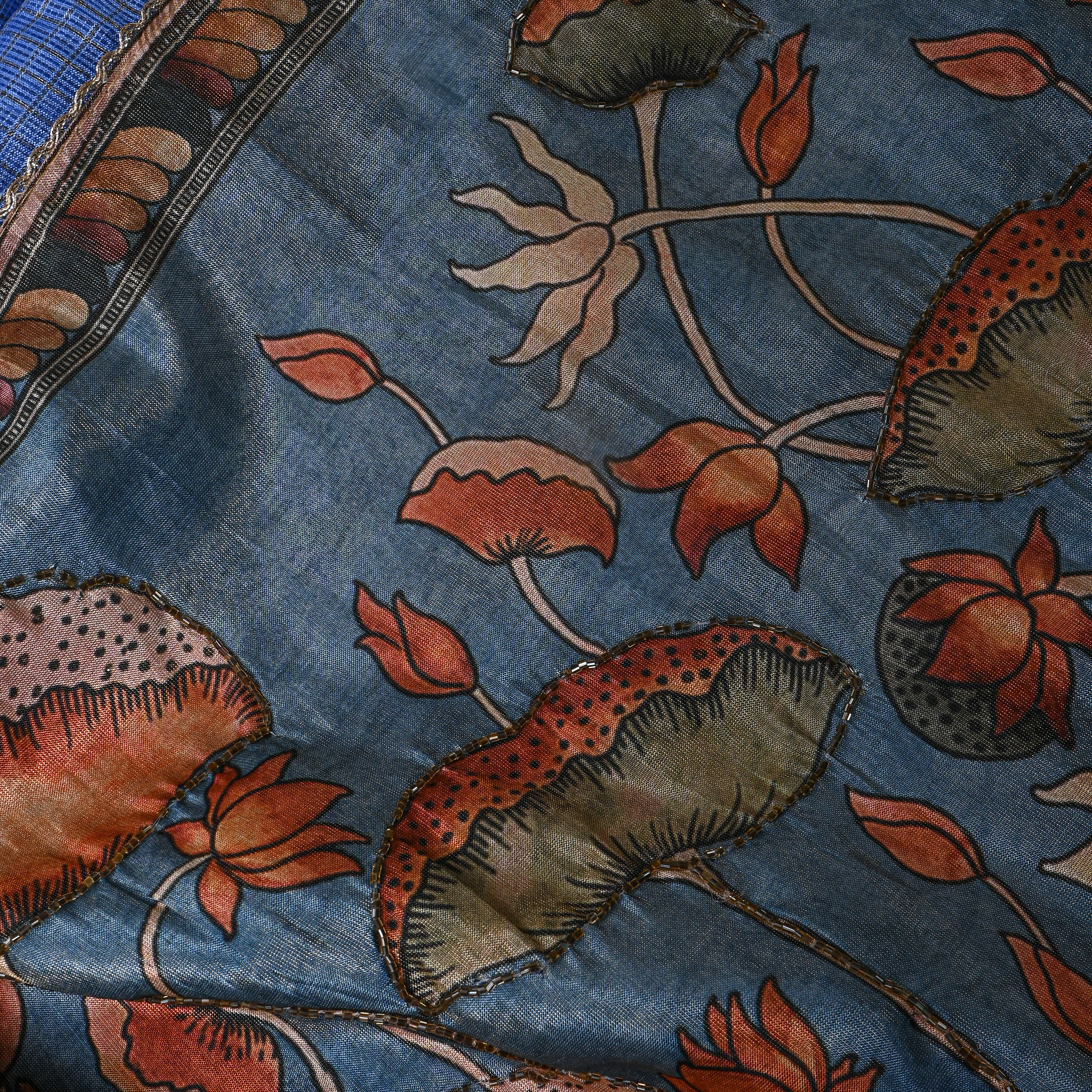 Dark Sky Blue Printed Dupion Silk Fabric
