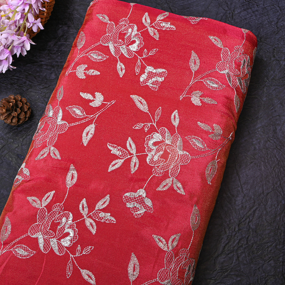 Ruby Red Floral Silver Zari Embroidered Tissue Fabric