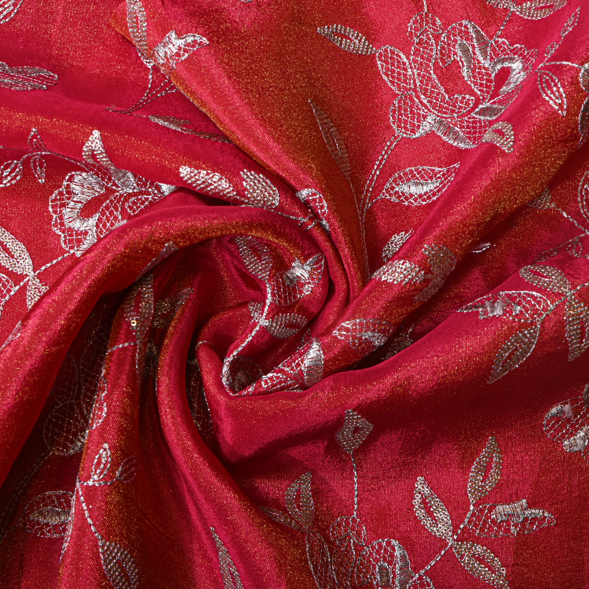 Ruby Red Floral Silver Zari Embroidered Tissue Fabric