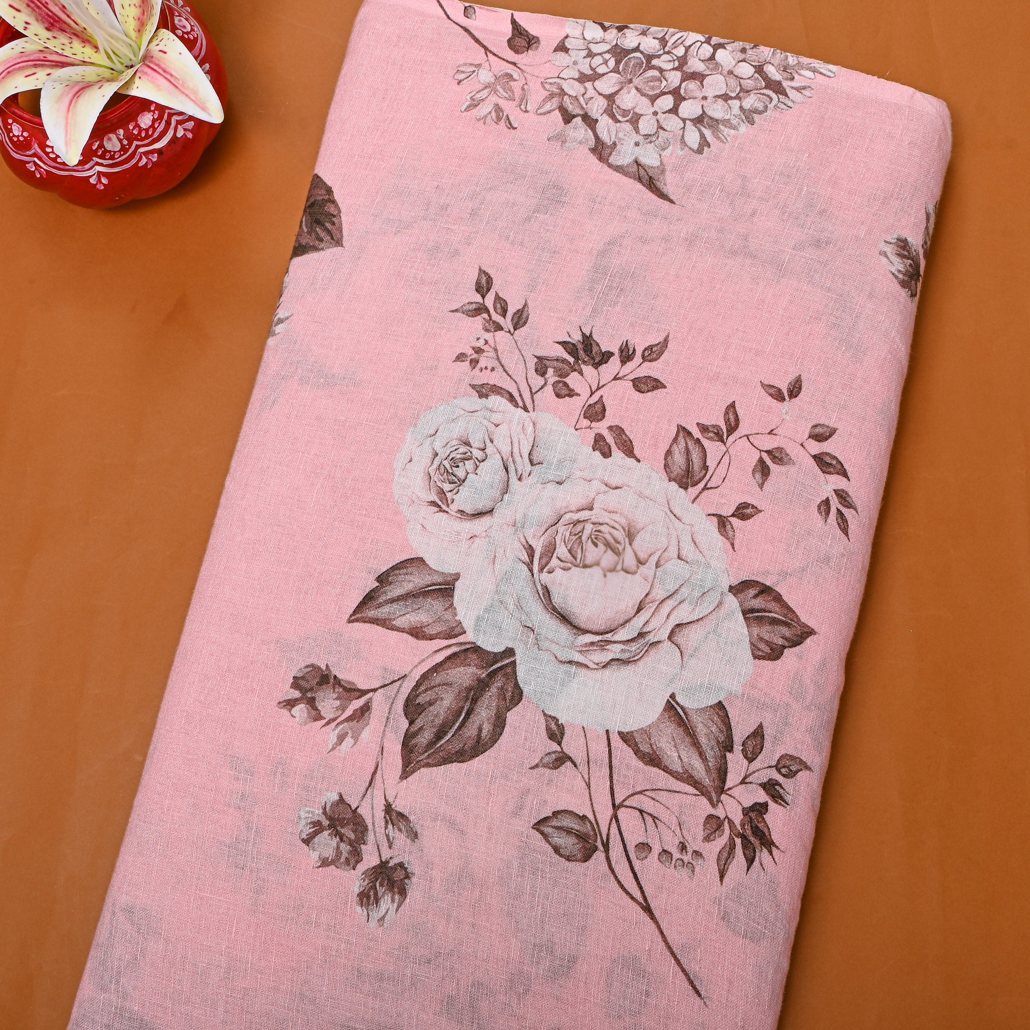 Pink Floral Printed Dupion Silk Fabric