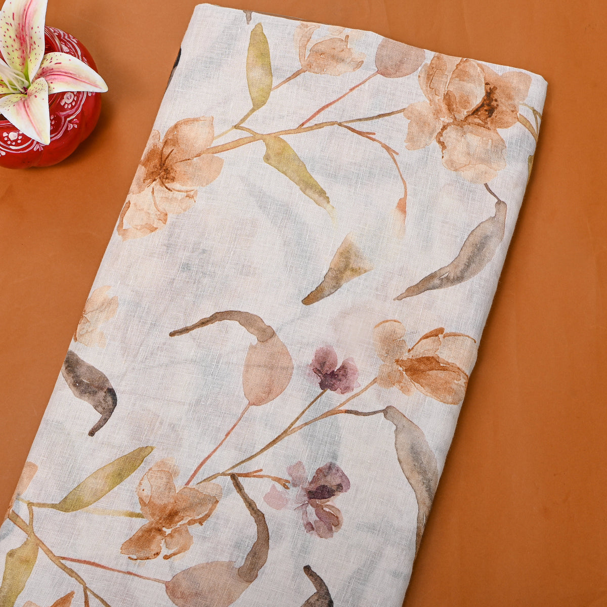 Pale White Floral Print Linen Fabric