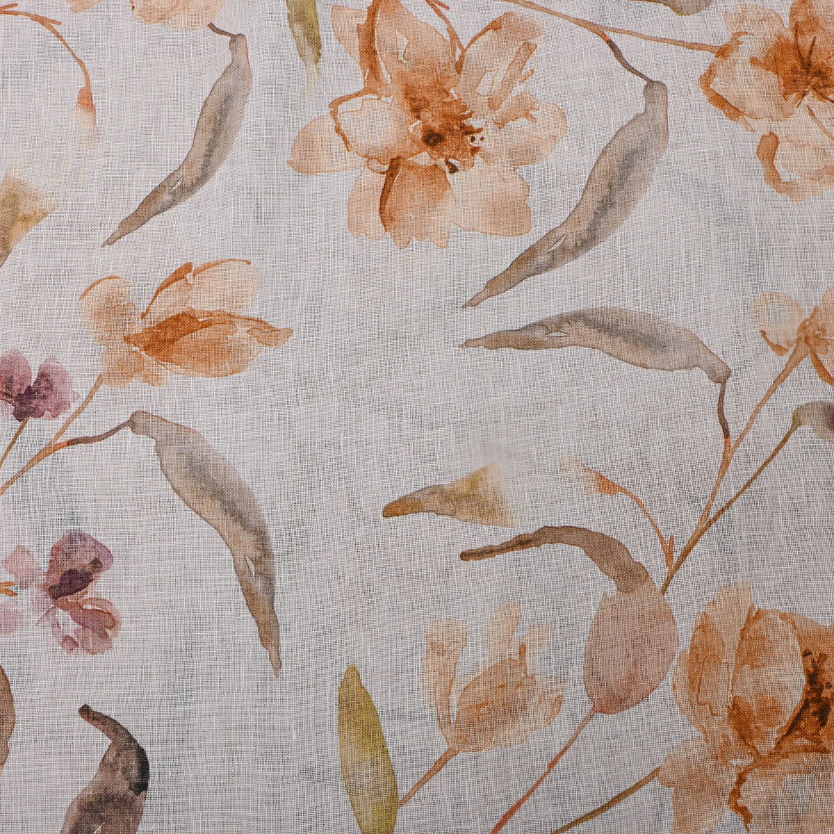 Pale White Floral Print Linen Fabric