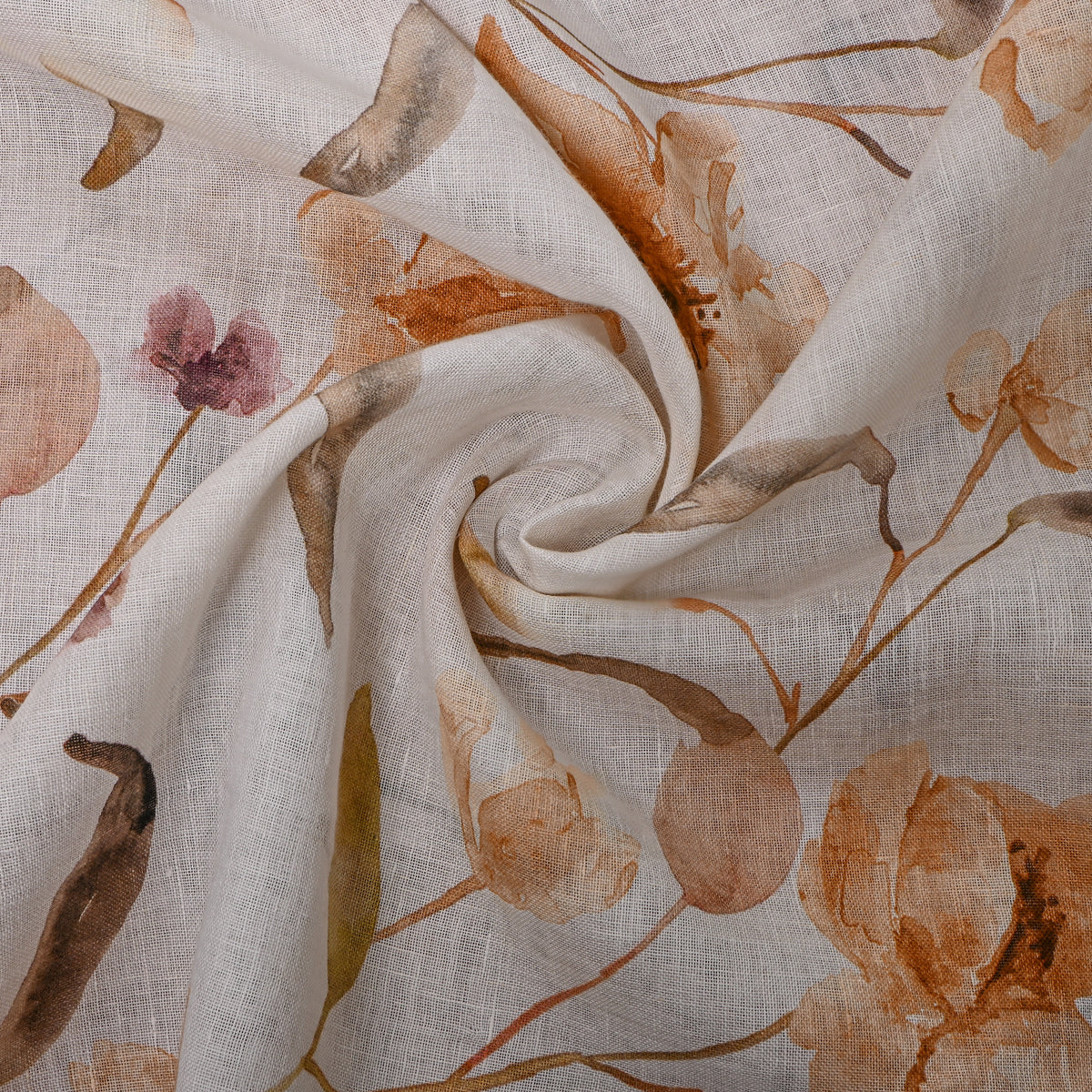 Pale White Floral Print Linen Fabric