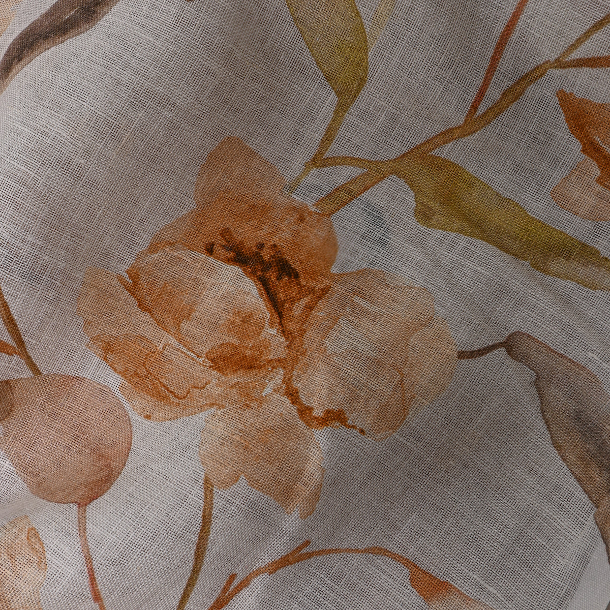 Pale White Floral Print Linen Fabric