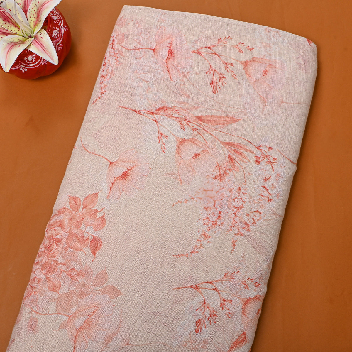 Apricot Peach Floral Print Linen Fabric