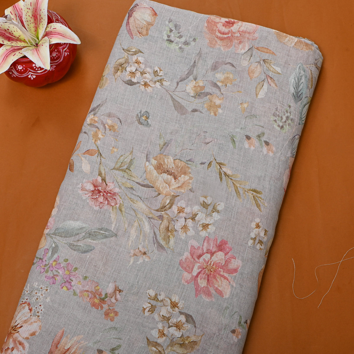 Cloud Blue Floral Print Linen Fabric