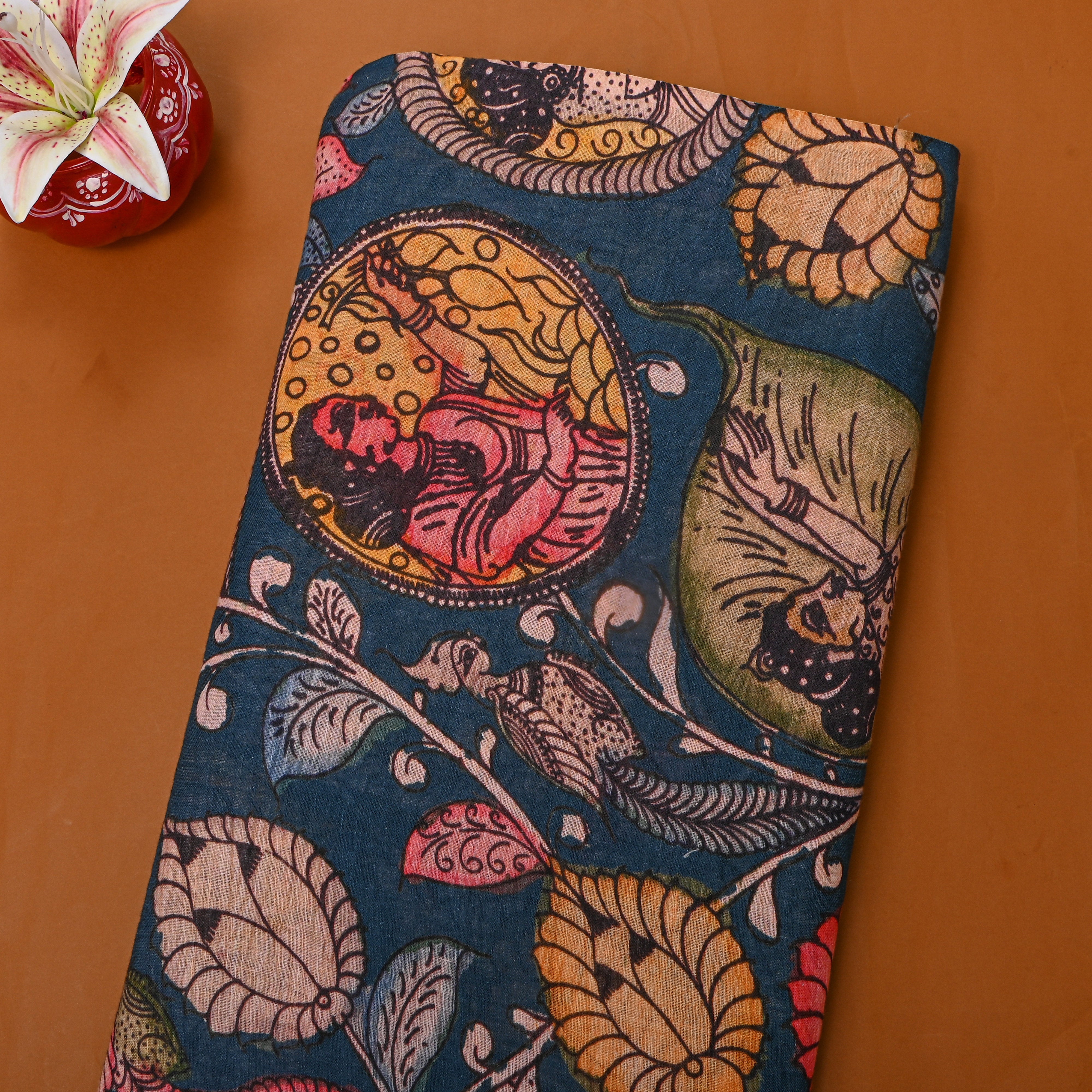 Blue Dupion Silk With Digital Print
