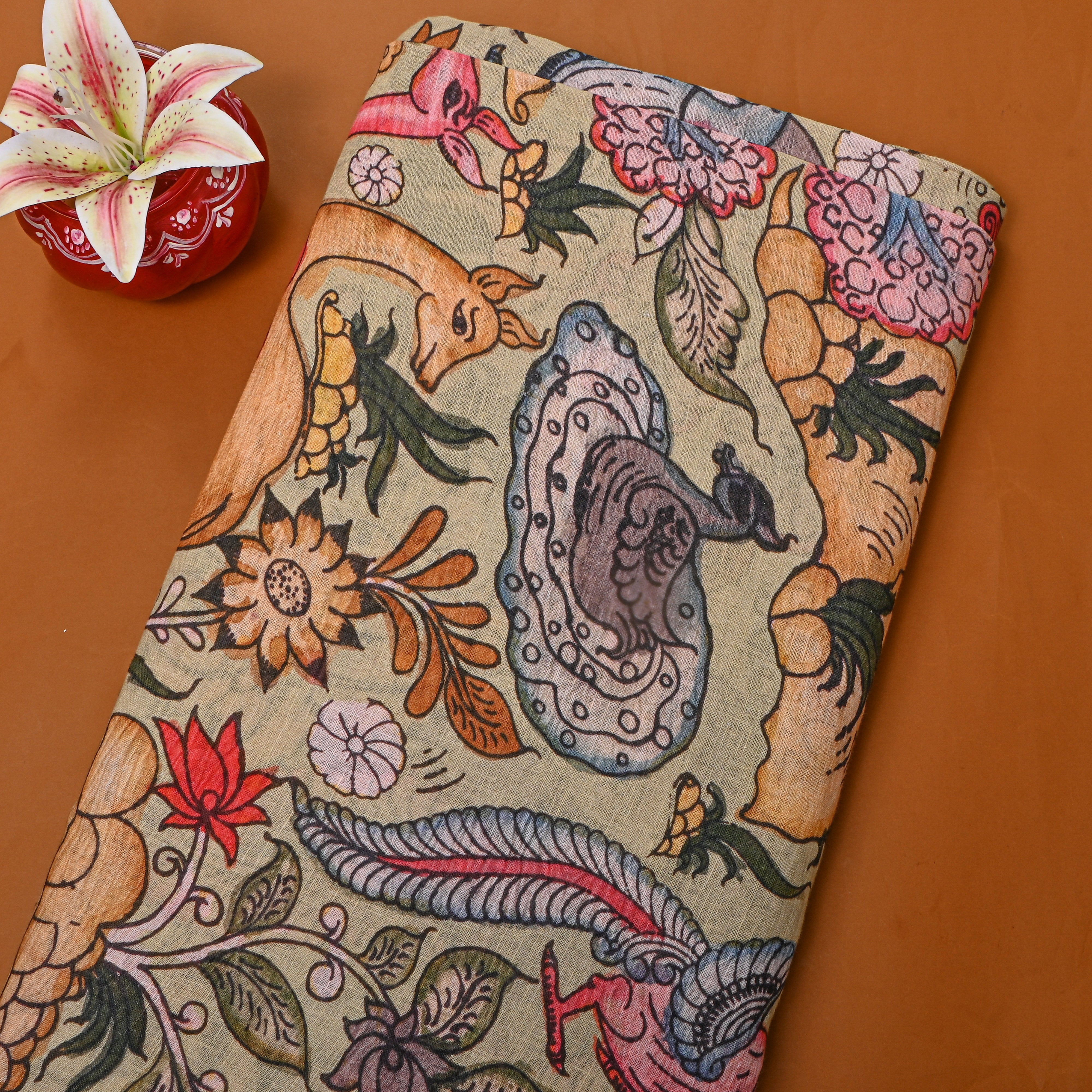 Beige Dupion Silk With Kalamkari Print