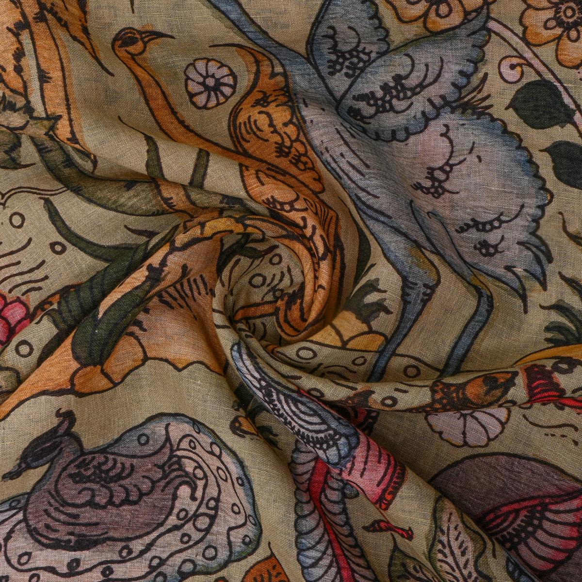 Beige Dupion Silk With Kalamkari Print