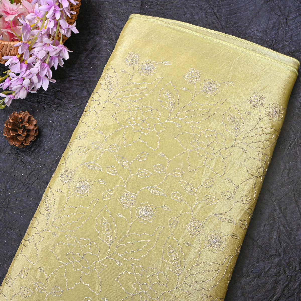 Champagne Yellow Silver Zari Floral Jaal Embroidery Tissue Fabric