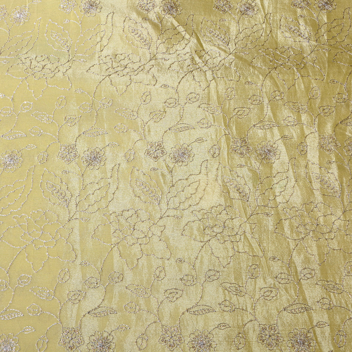 Champagne Yellow Silver Zari Floral Jaal Embroidery Tissue Fabric