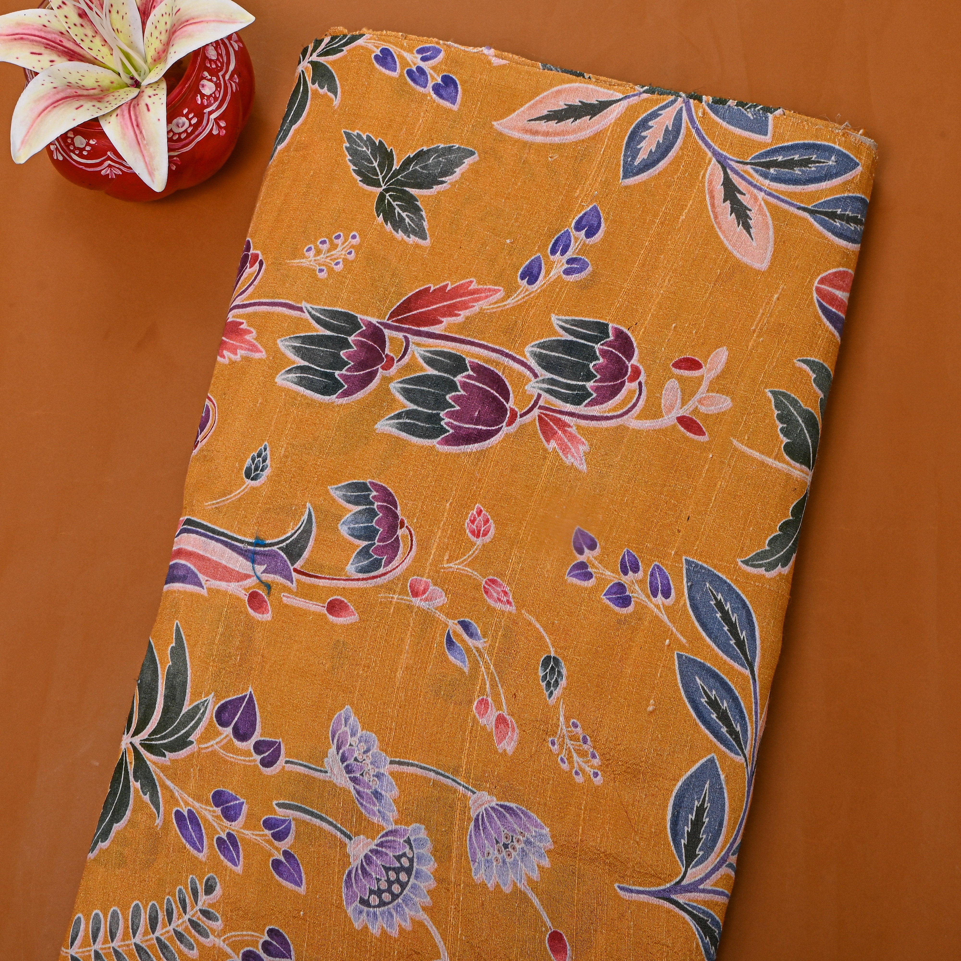 Yellow Dupion Silk With Kalamkari Print