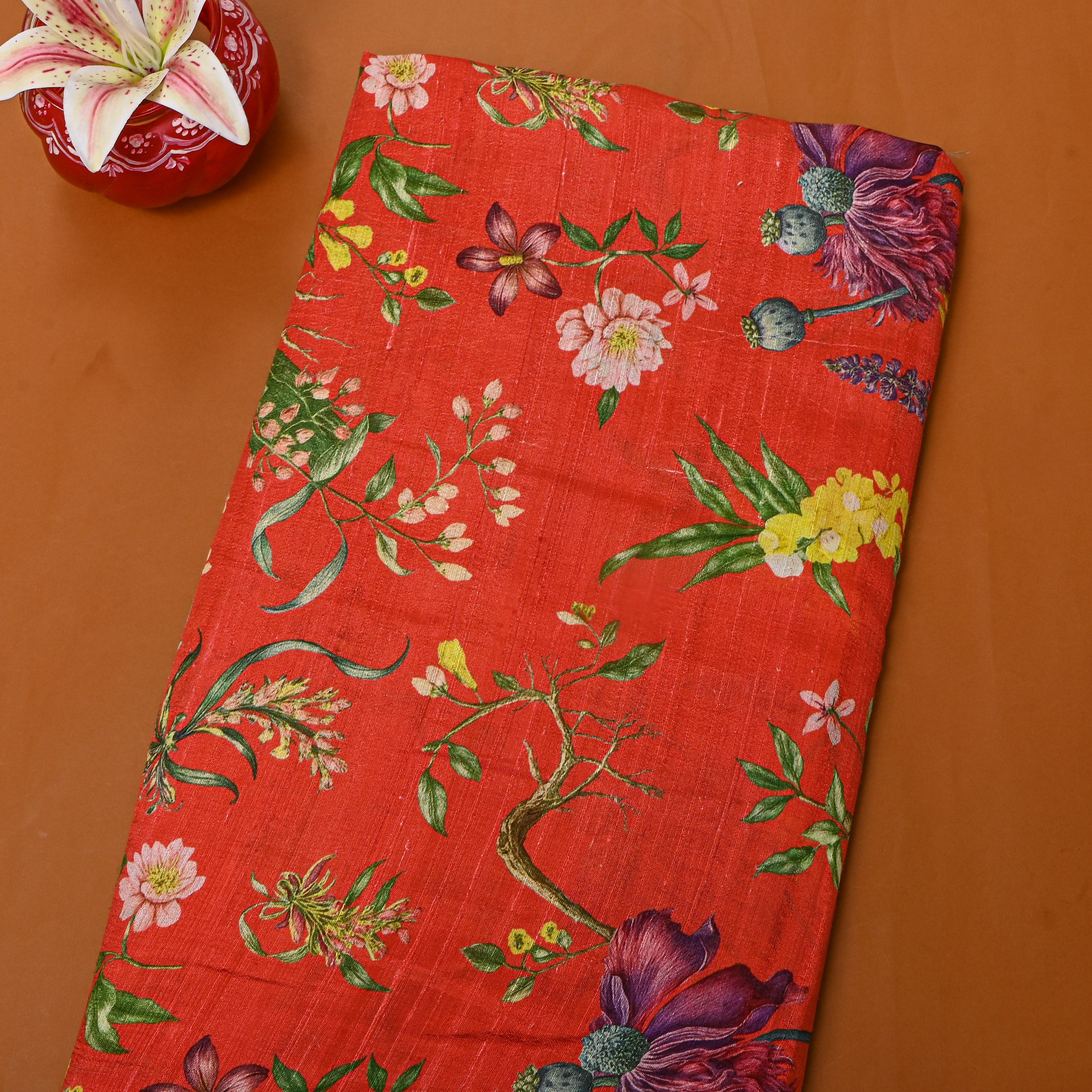 Coral Dupion Silk With Floral Print